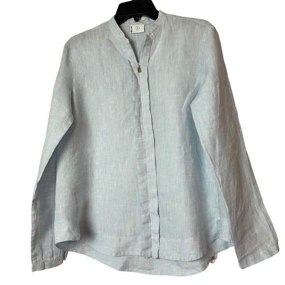 bogner womens 100 % linen blouse top Long Sleeve 1/2 Zip pullover blue size 8 - Picture 6 of 8